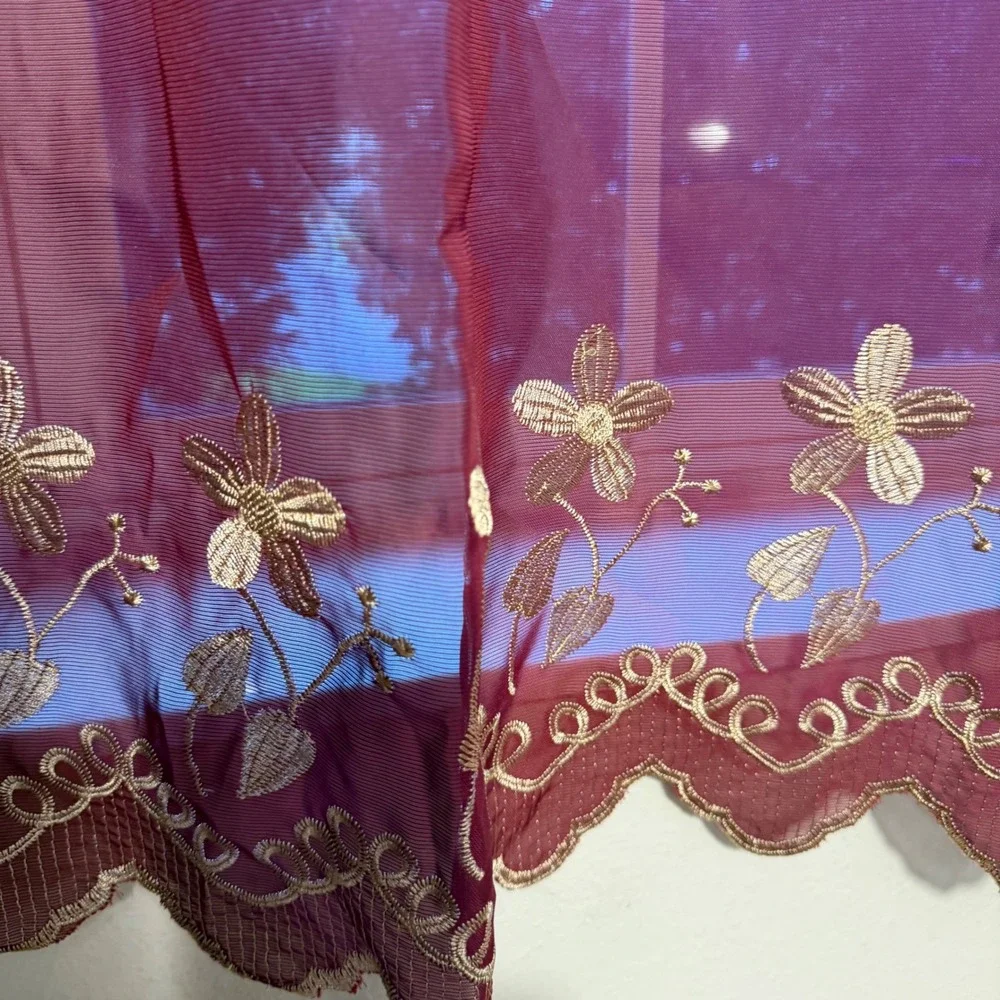Vtg Burgundy Sheer Embroidered Curtains Set of 2 Lace Window Panels 66.5